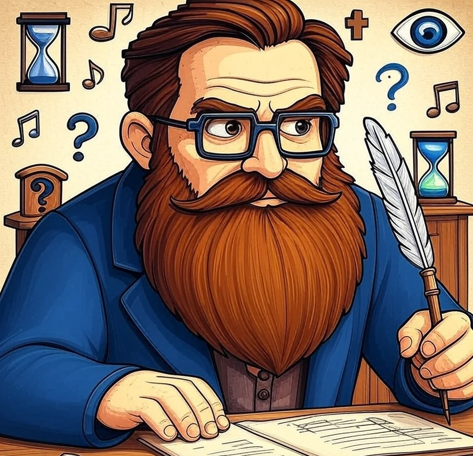 A vintage pen-and-ink illustration representing theology, history, mysteries, music, and conspiracies on a parchment background