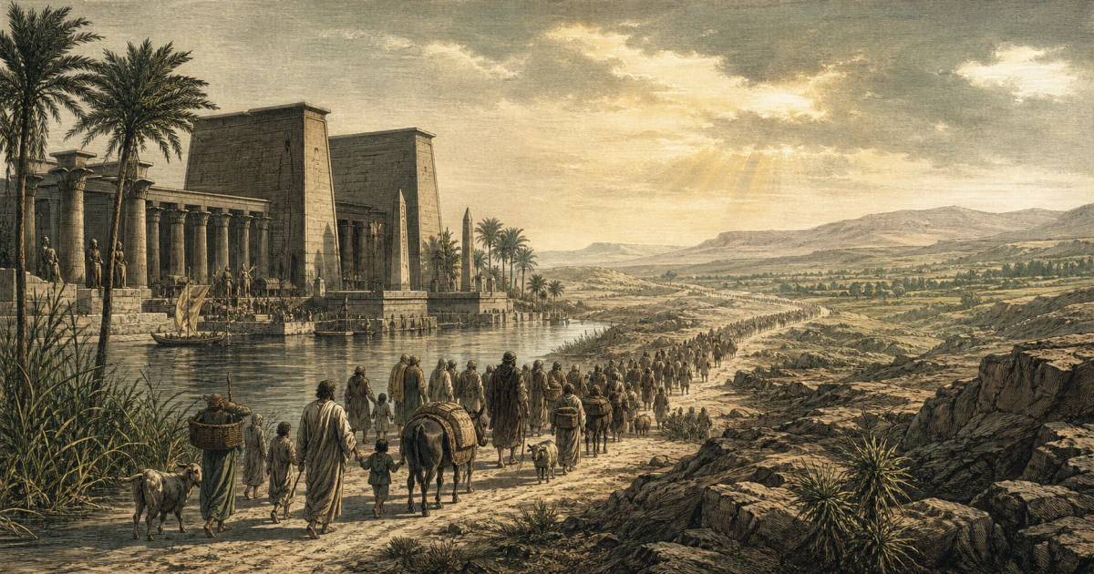 Engraved-style illustration of families leaving a Nile temple complex and following a road through wilderness toward distant green hills.