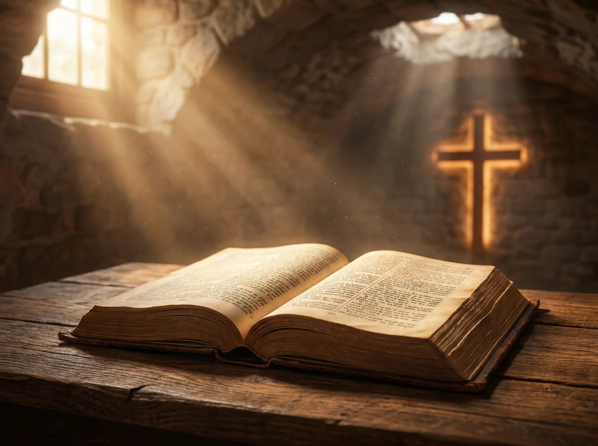 Open Bible with heavenly light rays and a glowing cross, symbolizing God's truth and wisdom
