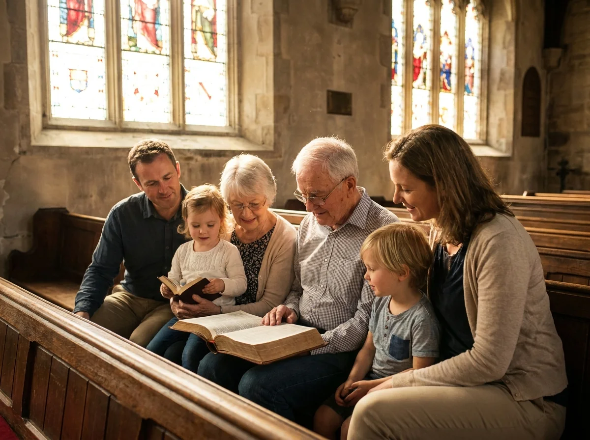 Multi-generational Christian family reading the Bible together in church, representing honor across ages