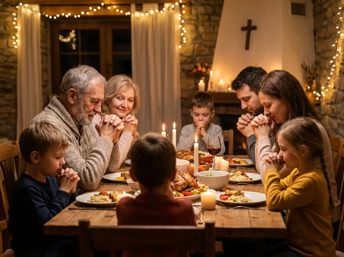 Three generations of a Christian family praying together at dinner, modeling forgiveness and multi-generational faithfulness