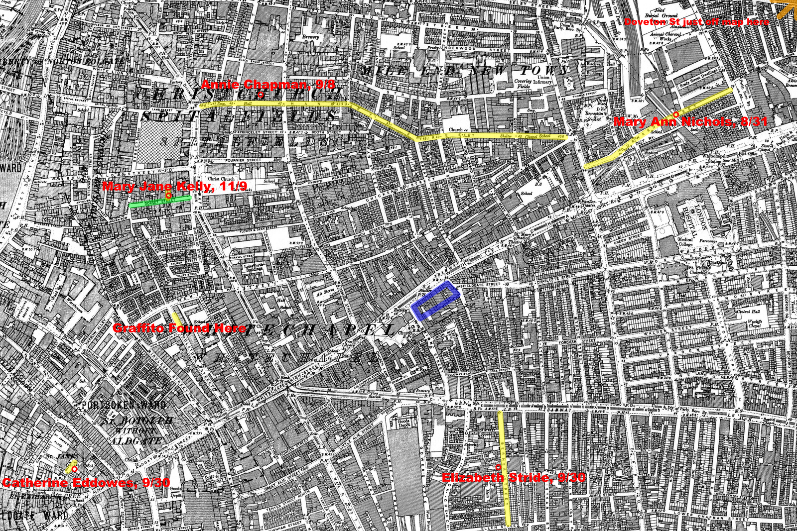 An annotated map of Whitechapel, London