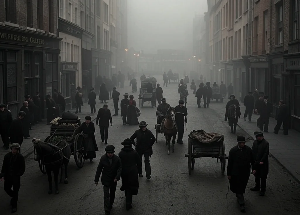 A picture of a crowded street lit wih gas lamps in 1888