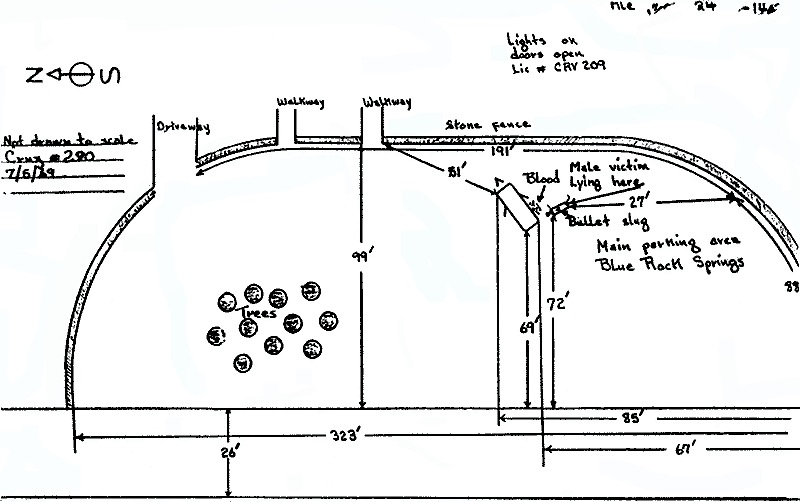 Black-and-white police diagram of the Blue Rock Springs crime scene, showing distances, Michael Mageau’s position outside the car, a bullet slug on the ground, bloodstains, and the Corvair’s location and orientation.