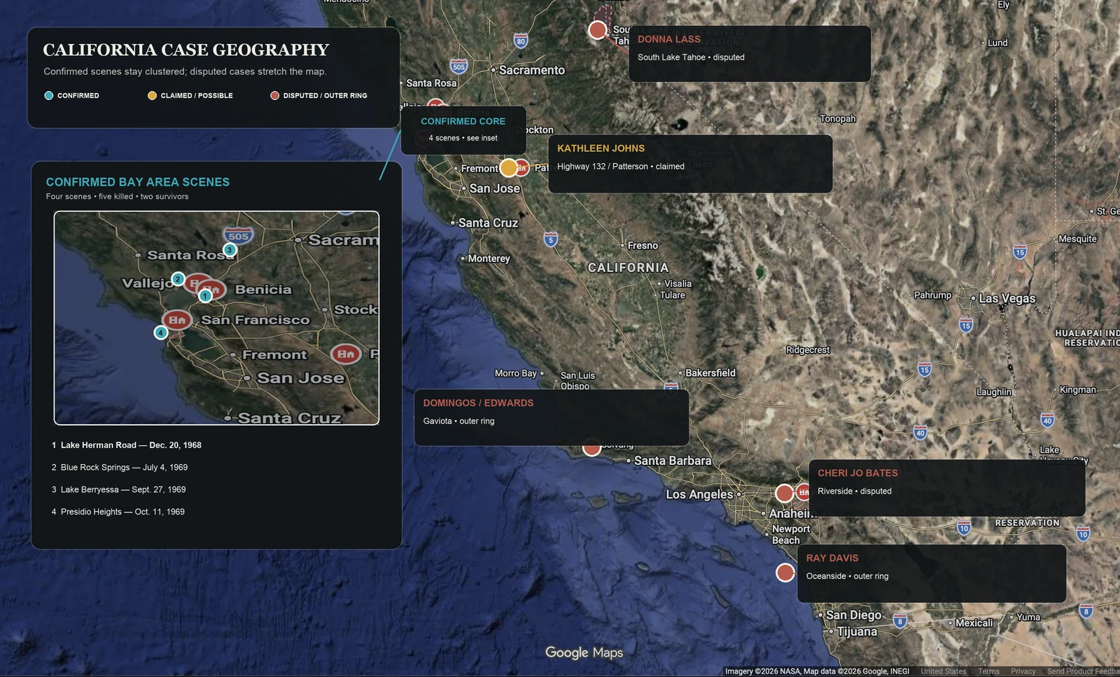 Annotated California map distinguishing the four confirmed Bay Area Zodiac crime scenes from claimed or disputed locations at Highway 132 near Patterson, South Lake Tahoe, Riverside, Gaviota, and Oceanside.