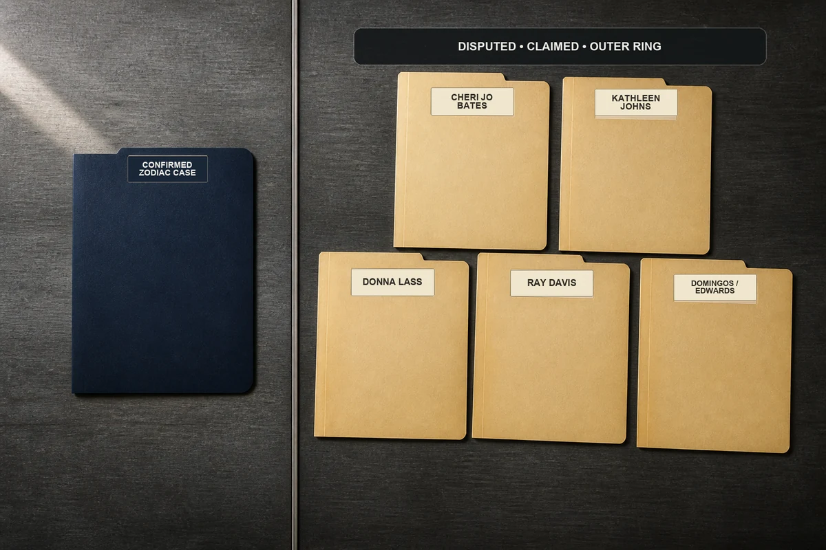 A confirmed Zodiac case folder separated from five labeled folders for the disputed or claimed cases of Cheri Jo Bates, Kathleen Johns, Donna Lass, Ray Davis, and Domingos and Edwards.