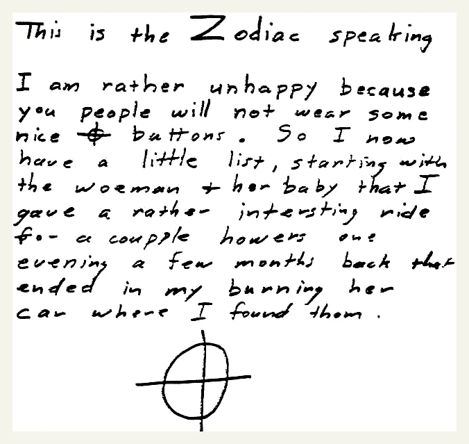 Scan of the July 24, 1970 Zodiac letter that appeared to claim the Kathleen Johns incident involving a woman and her baby.