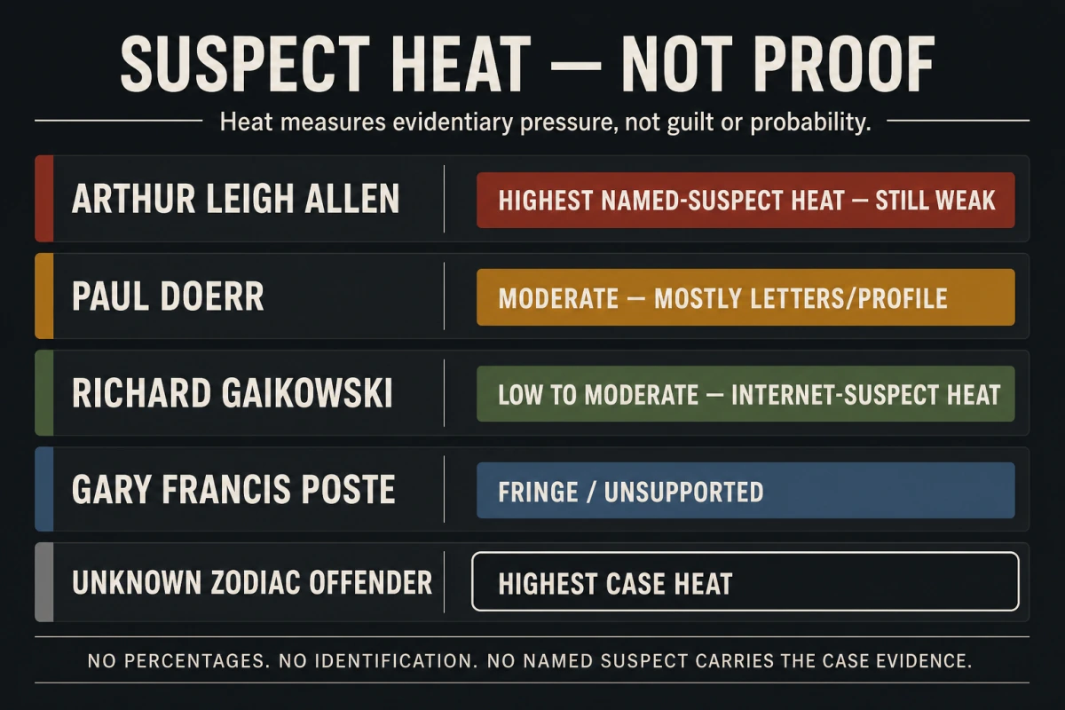 Qualitative suspect heat summary listing Arthur Leigh Allen, Paul Doerr, Richard Gaikowski, Gary Francis Poste, and the unknown Zodiac offender without percentages or probability claims.